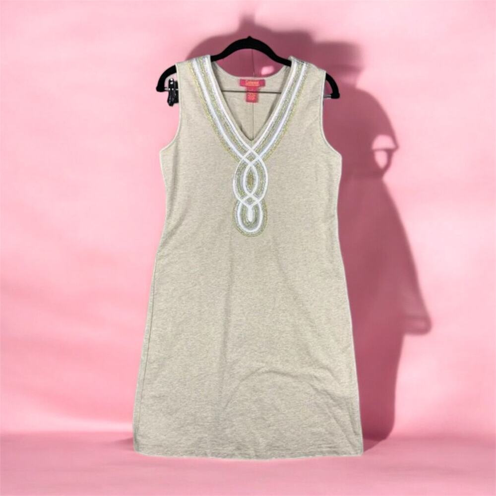 Catherine Maladrino Sleeveless Dress Metallic Detail Beige Stretchy‎ Size Small